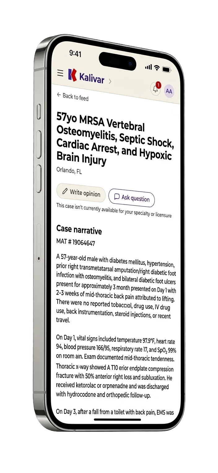 A Kalivar case open on a phone, readable even when it sits outside the viewer's specialty or licensure