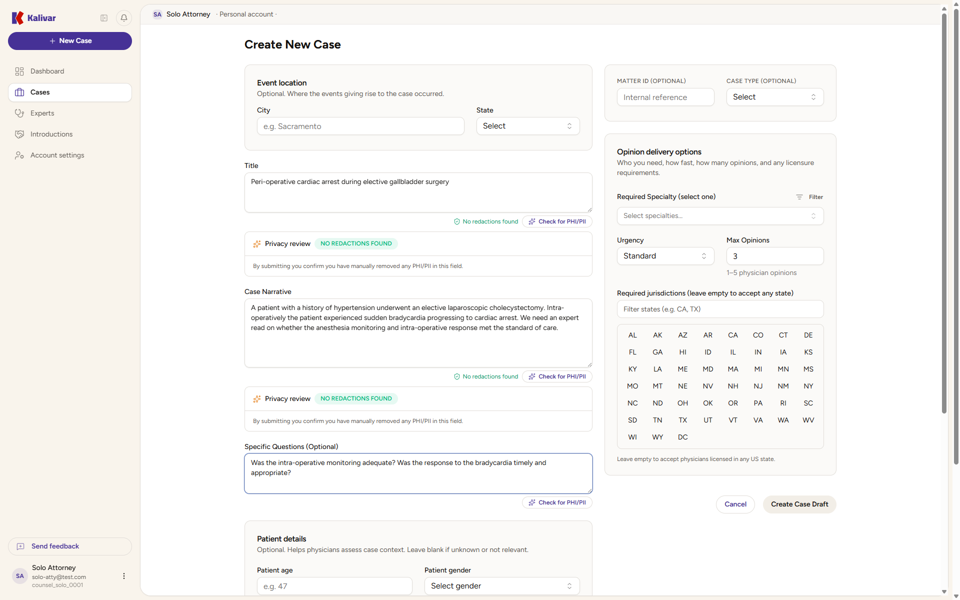 Case posting form with anonymized narrative