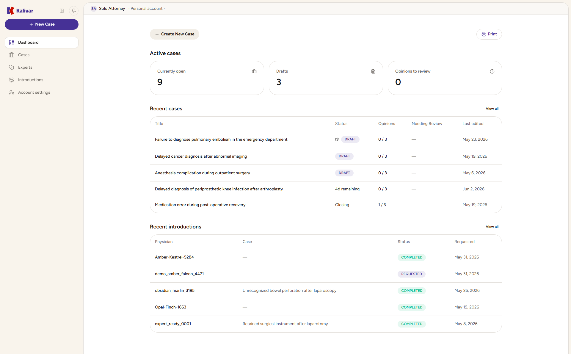 Attorney dashboard showing active cases and recent opinions